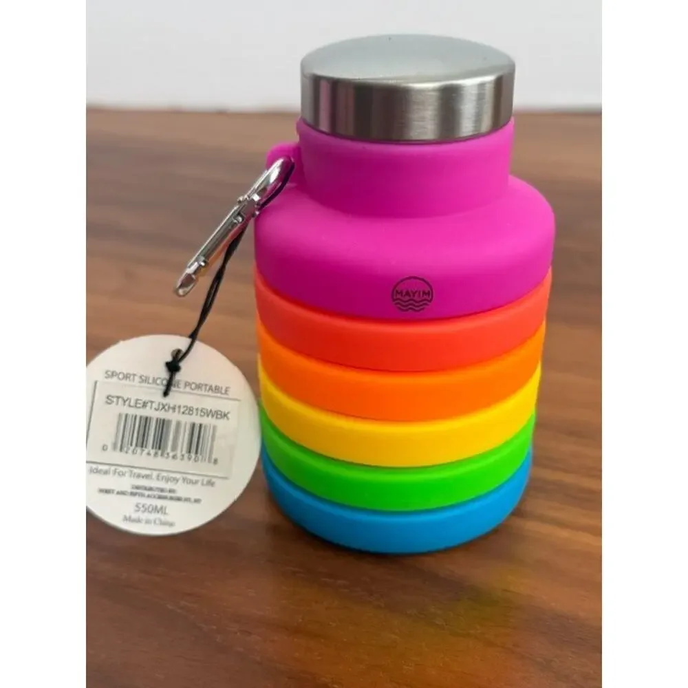 Mayim Collapsible Caribiner 17oz Silicone Water Bottle Rainbow Pink Collectible